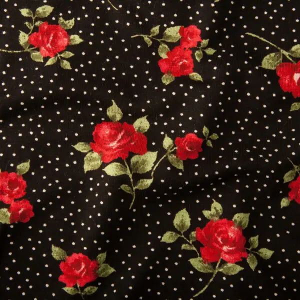 Jersey Viscose Roses Et Pois Noir
