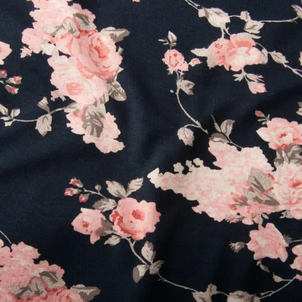 Jersey Viscose Bouquet / Roses Marine